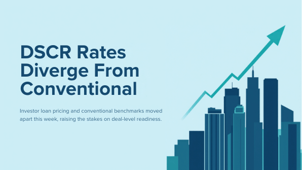 Navy and teal city skyline with a rising trend line beside the headline DSCR Rates Diverge From Conventional